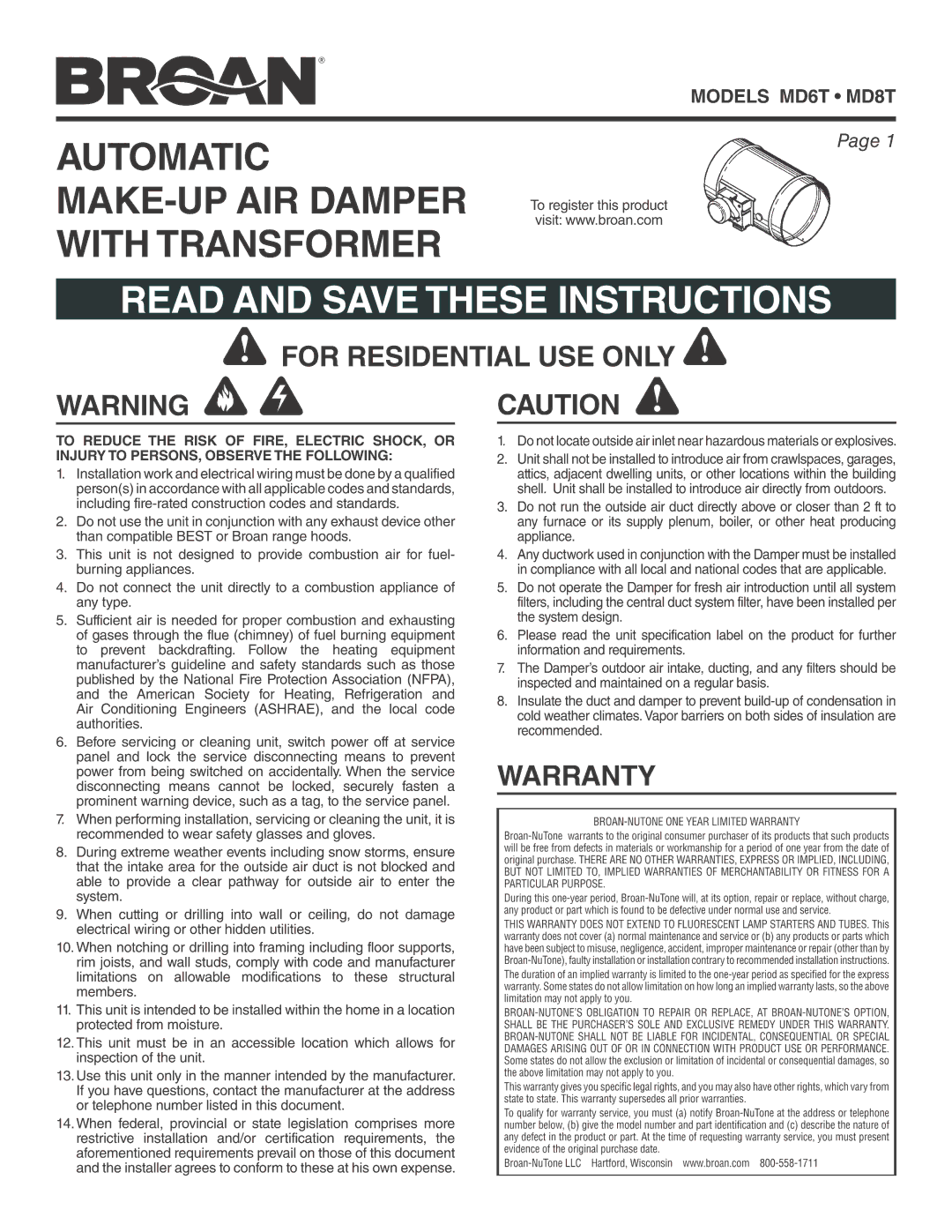 Broan MD6T, MD8T, Automatic Make-up Air Damper with Transformer manual 