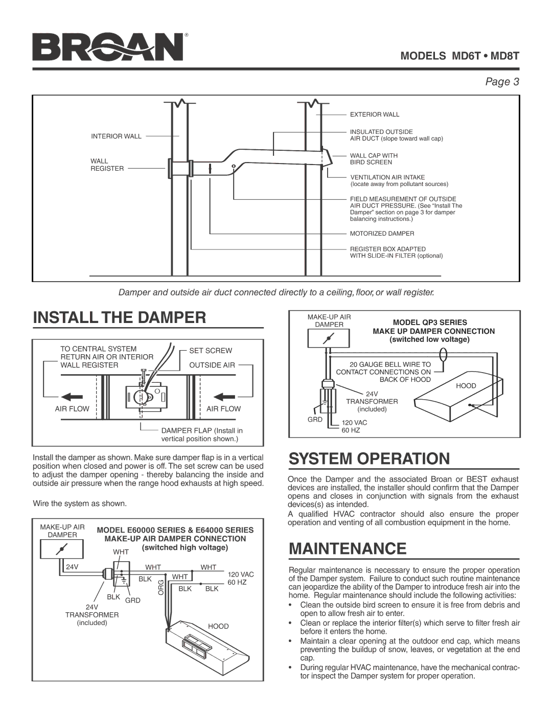 Broan MD8T, MD6T, Automatic Make-up Air Damper with Transformer manual 