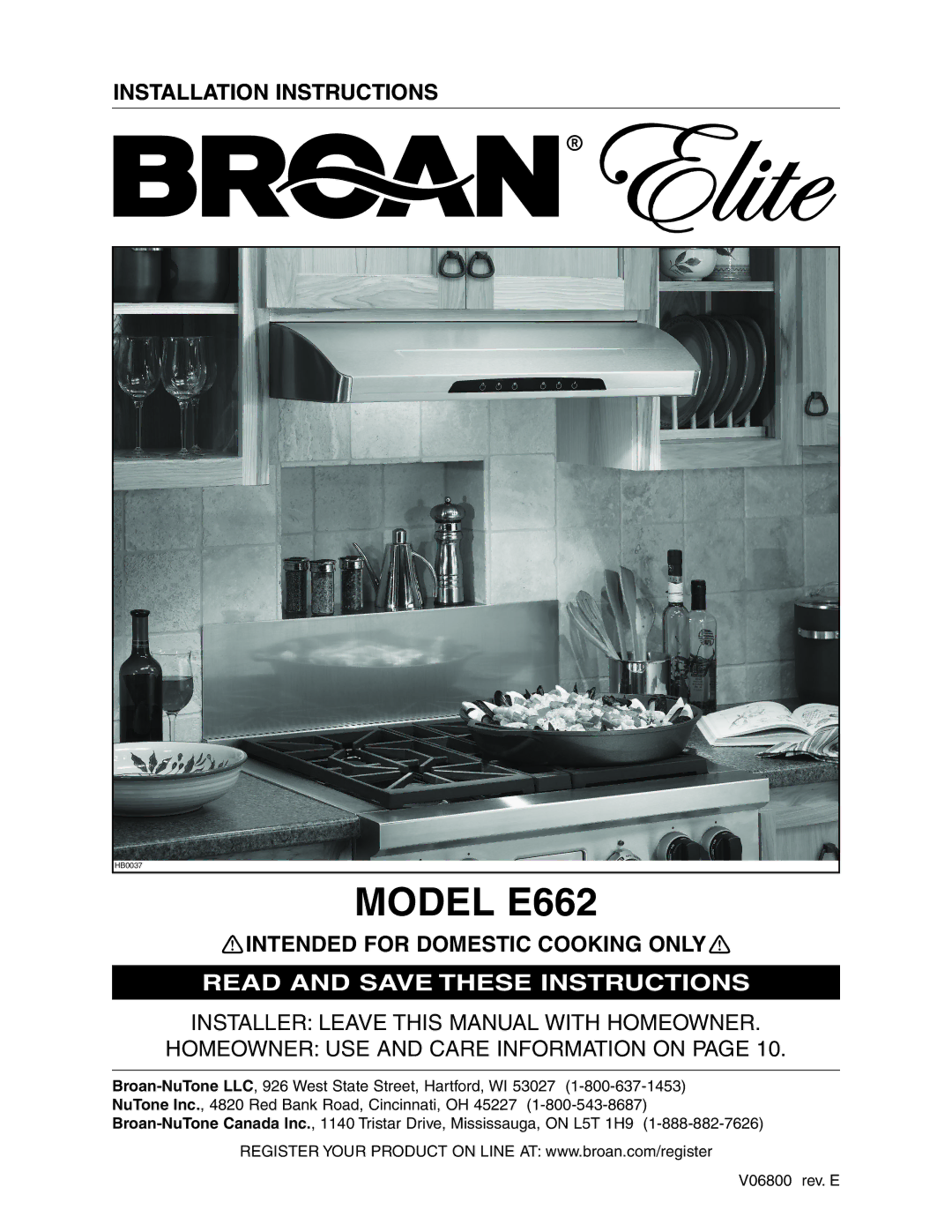 Broan Model E662 installation instructions 