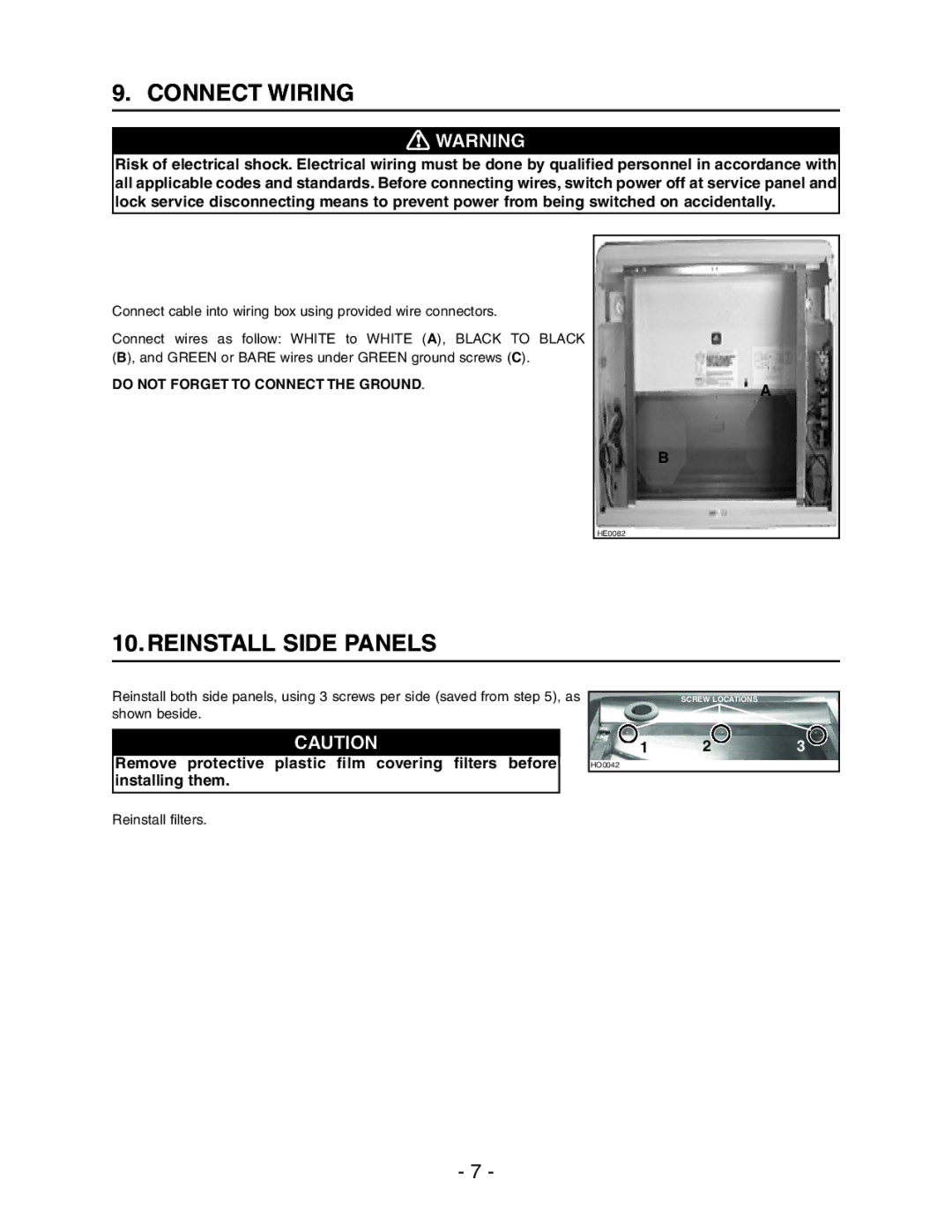 Broan Model E662 installation instructions Connect Wiring, Reinstall Side Panels, Reinstall filters 