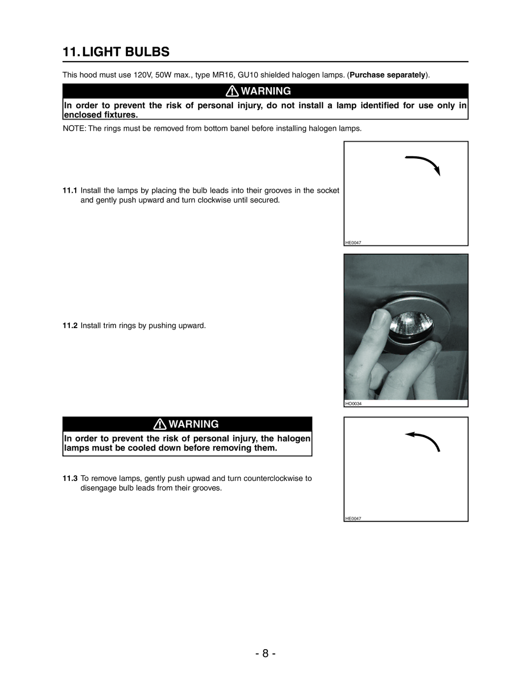 Broan Model E662 installation instructions Light Bulbs, Install trim rings by pushing upward 