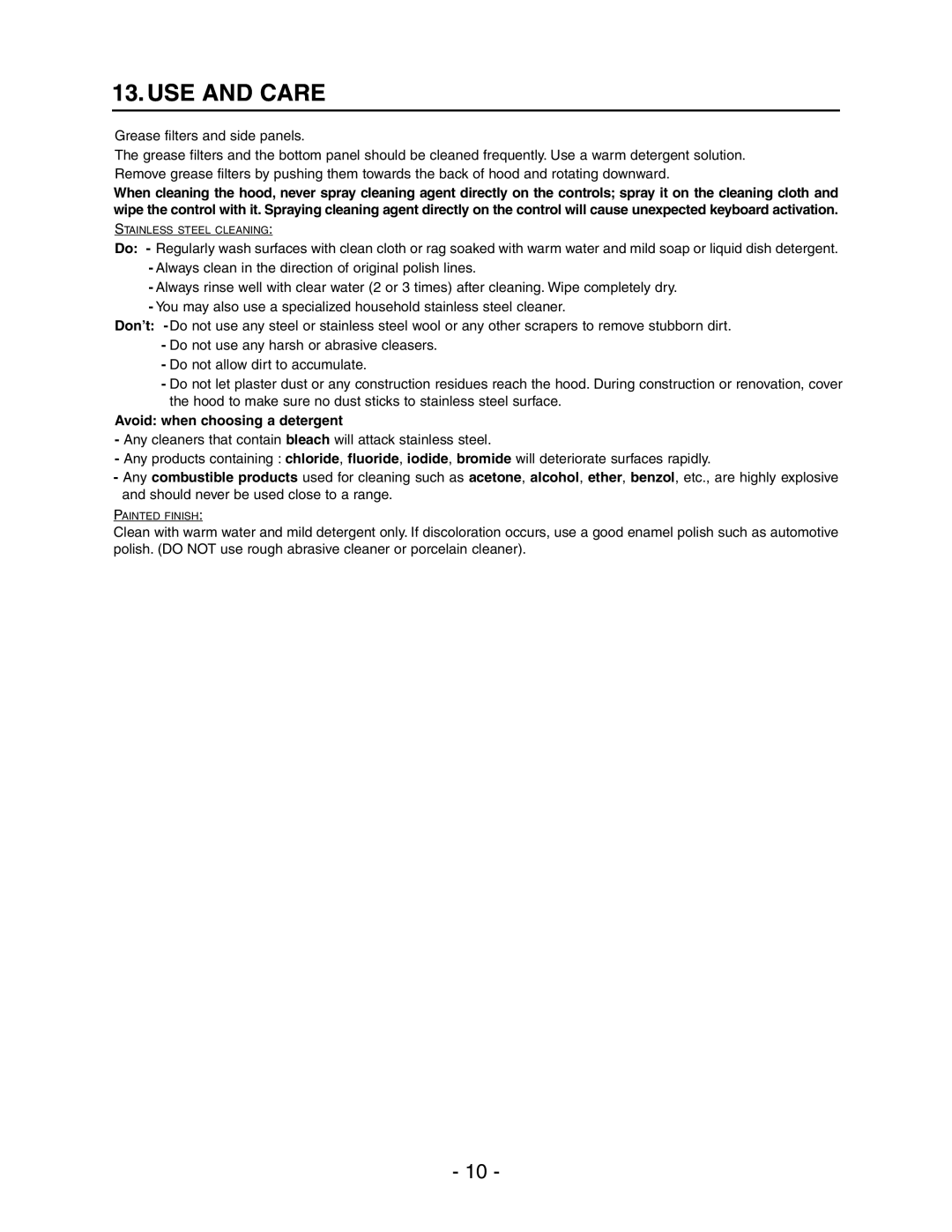 Broan Model E662 installation instructions USE and Care, Avoid when choosing a detergent 