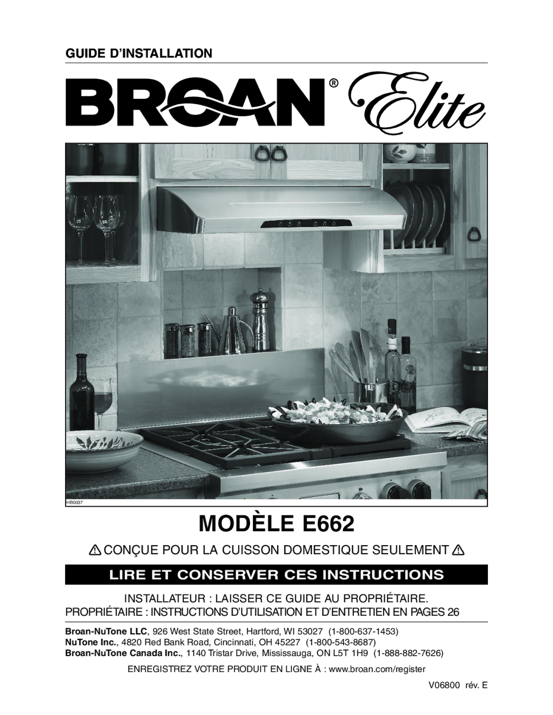 Broan Model E662 installation instructions Modèle E662 