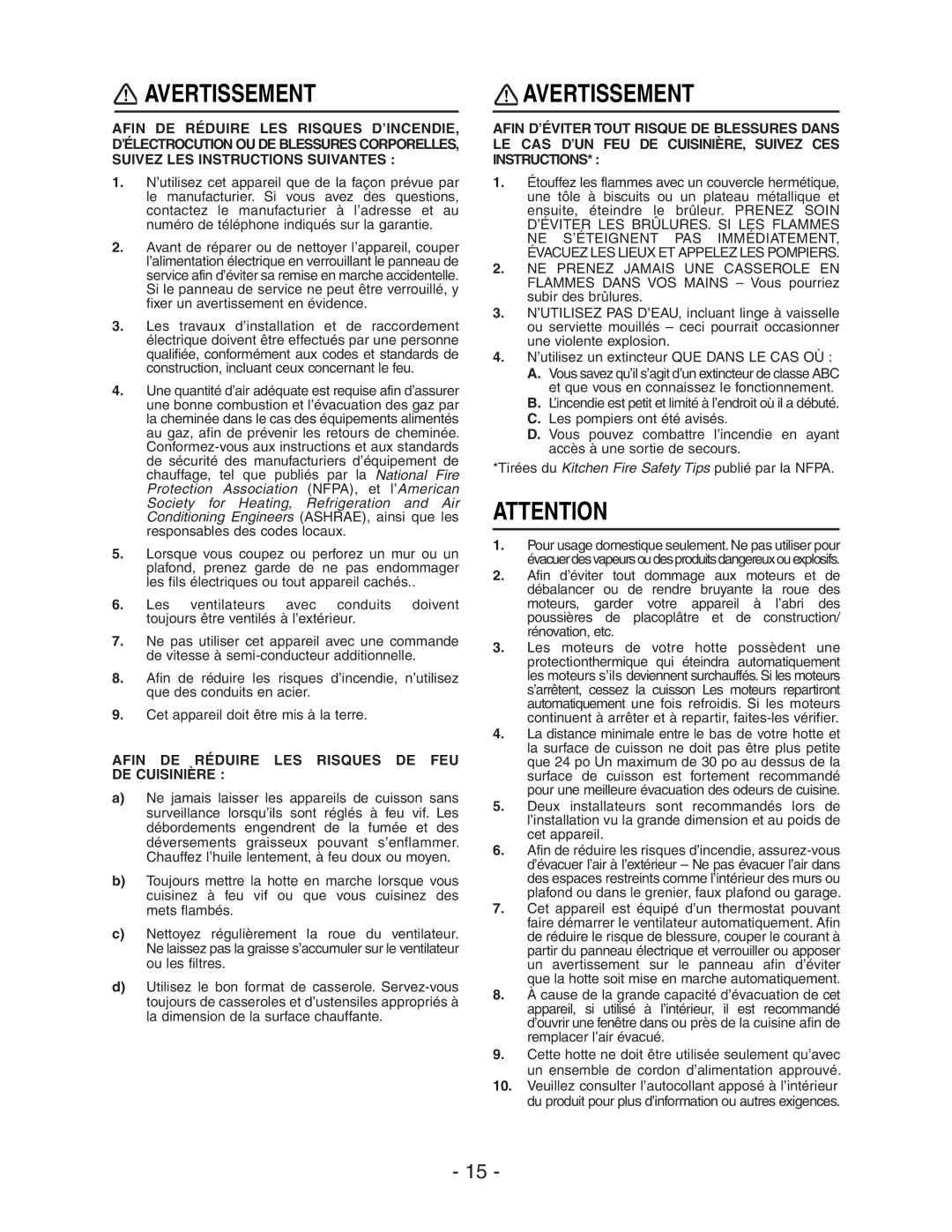 Broan Model E662 installation instructions Avertissement 