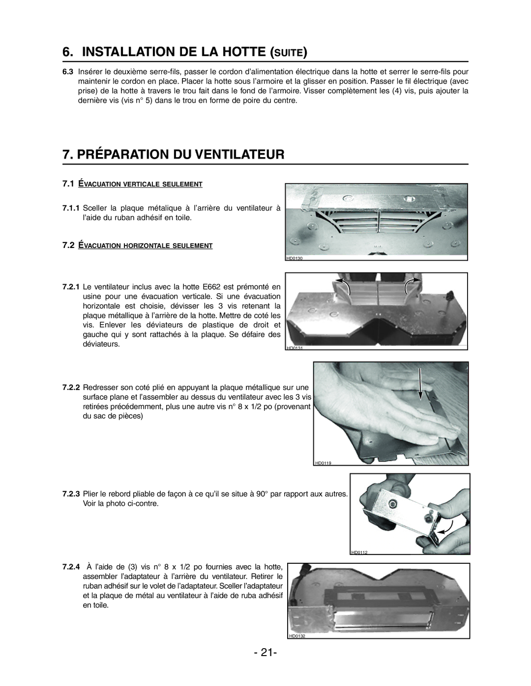 Broan Model E662 installation instructions Installation DE LA Hotte Suite, Préparation DU Ventilateur 