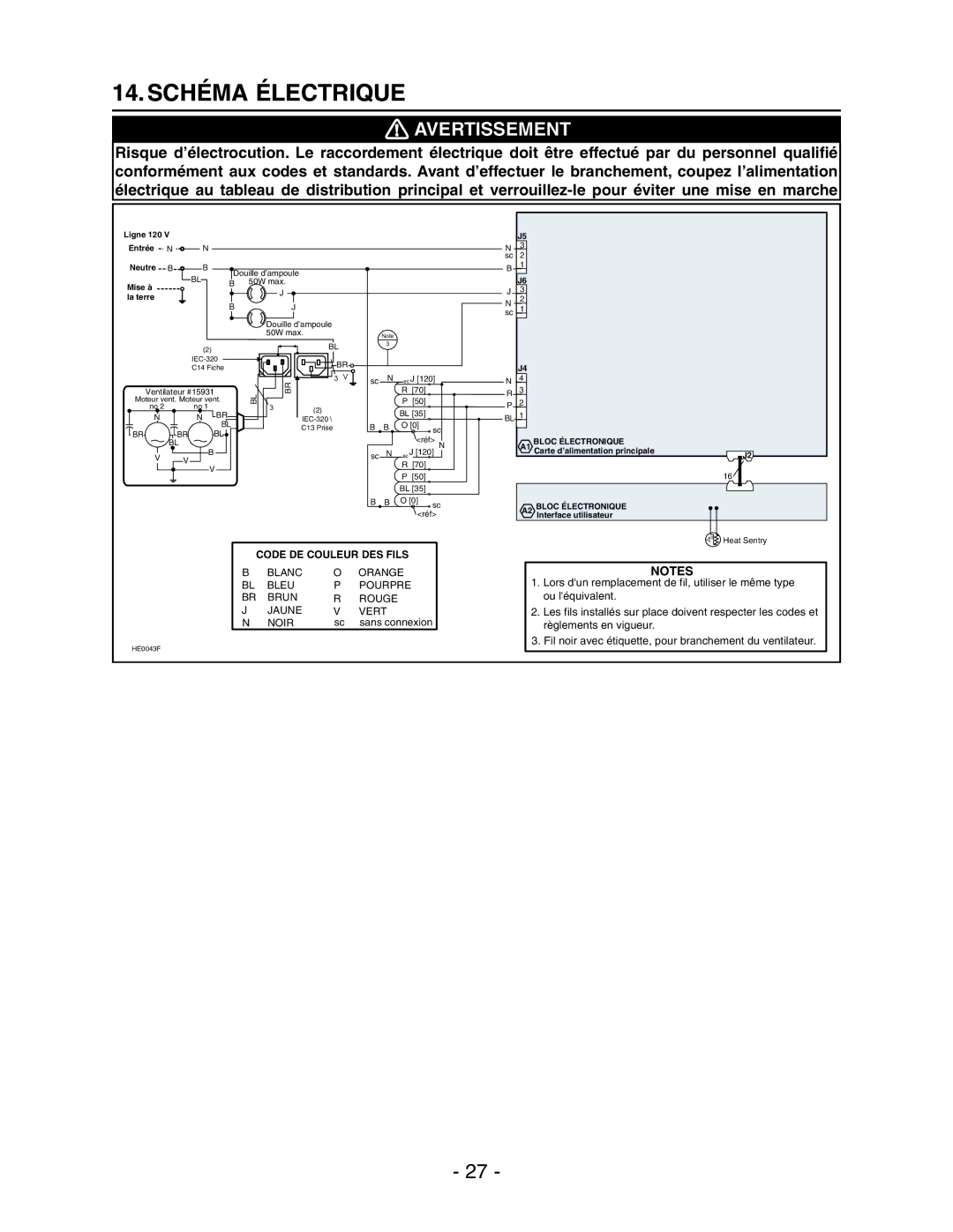 Broan Model E662 installation instructions 14.SCHÉMA Électrique, Mise à 