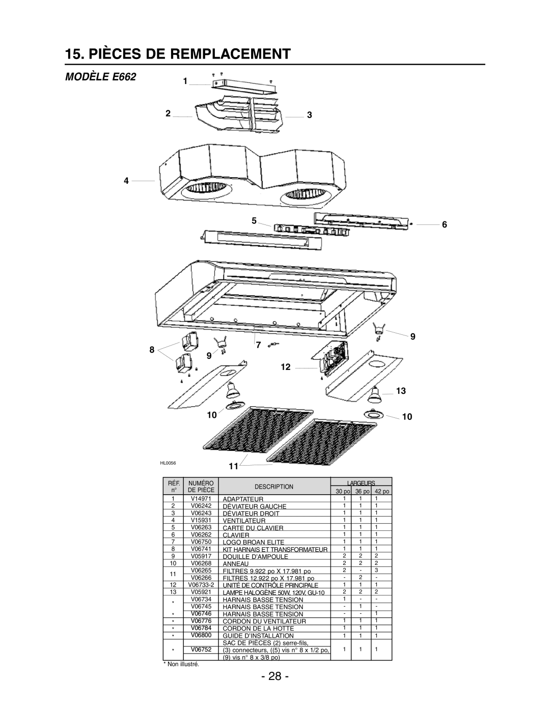 Broan Model E662 installation instructions 15. Pièces DE Remplacement 