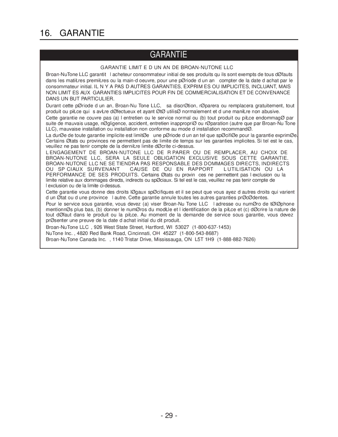 Broan Model E662 installation instructions Garantie 