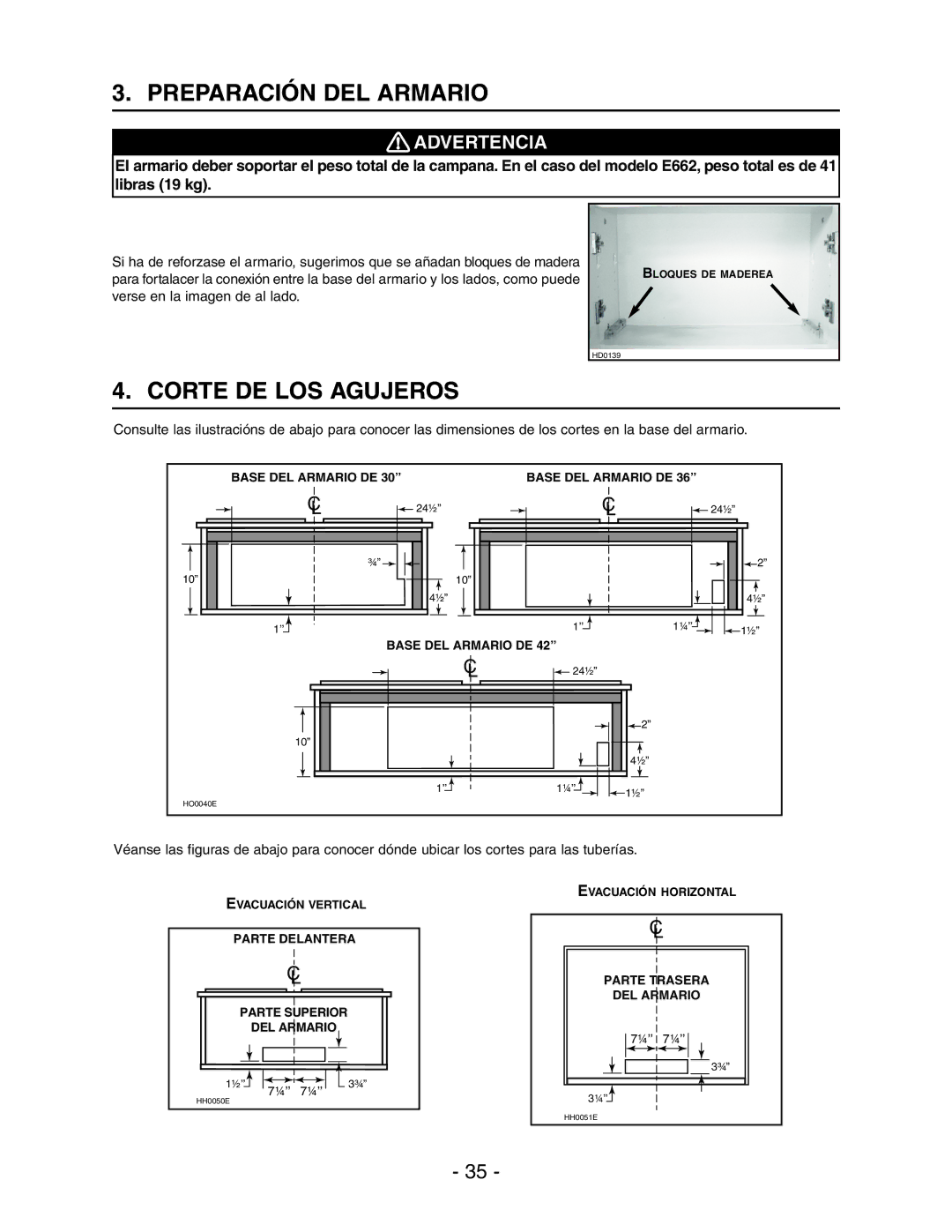 Broan Model E662 installation instructions Preparación DEL Armario, Corte DE LOS Agujeros 