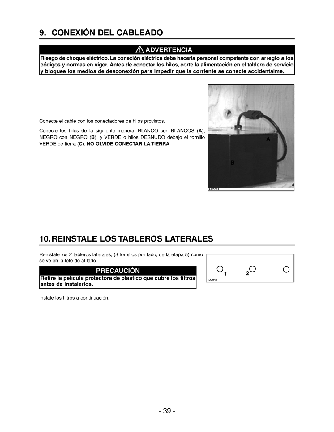 Broan Model E662 Conexión DEL Cableado, Reinstale LOS Tableros Laterales, Instale los filtros a continuación 