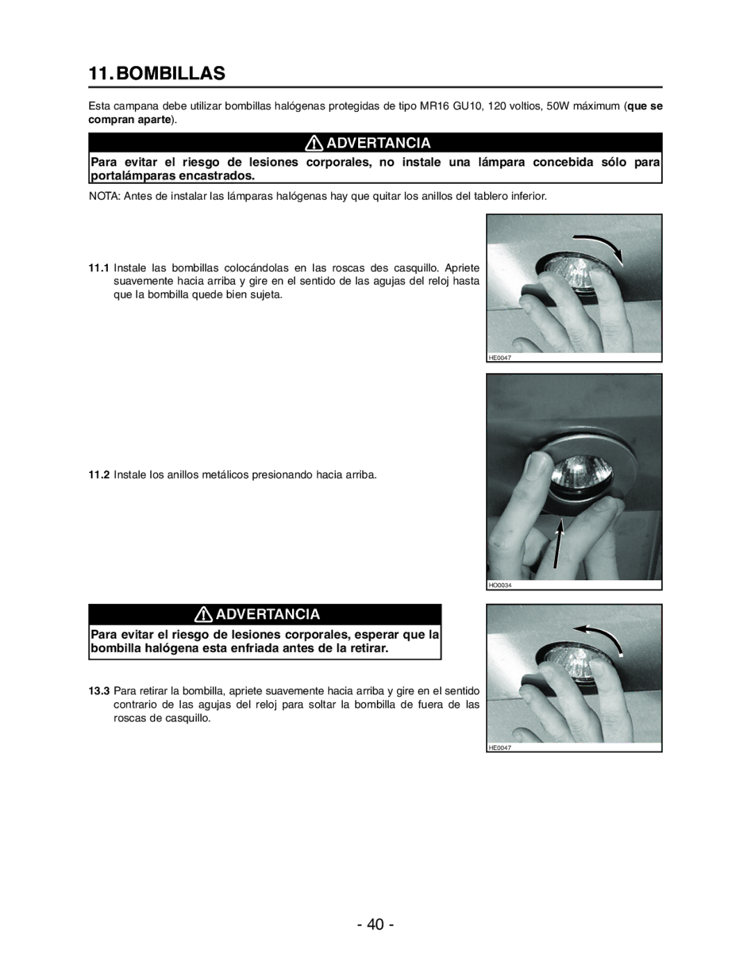 Broan Model E662 installation instructions Bombillas, Instale los anillos metálicos presionando hacia arriba 