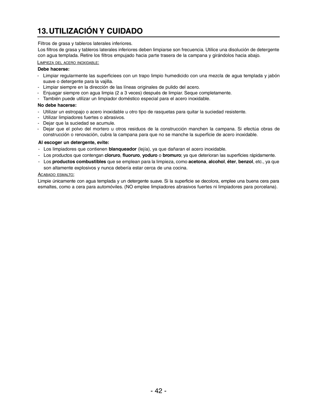 Broan Model E662 installation instructions Utilización Y Cuidado, Filtros de grasa y tableros laterales inferiores 