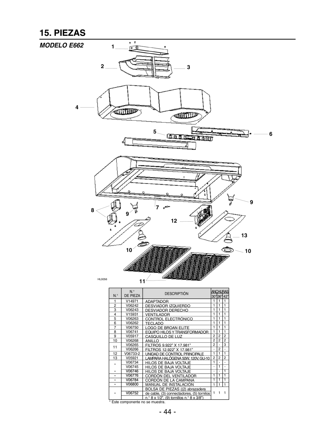 Broan Model E662 installation instructions Piezas 