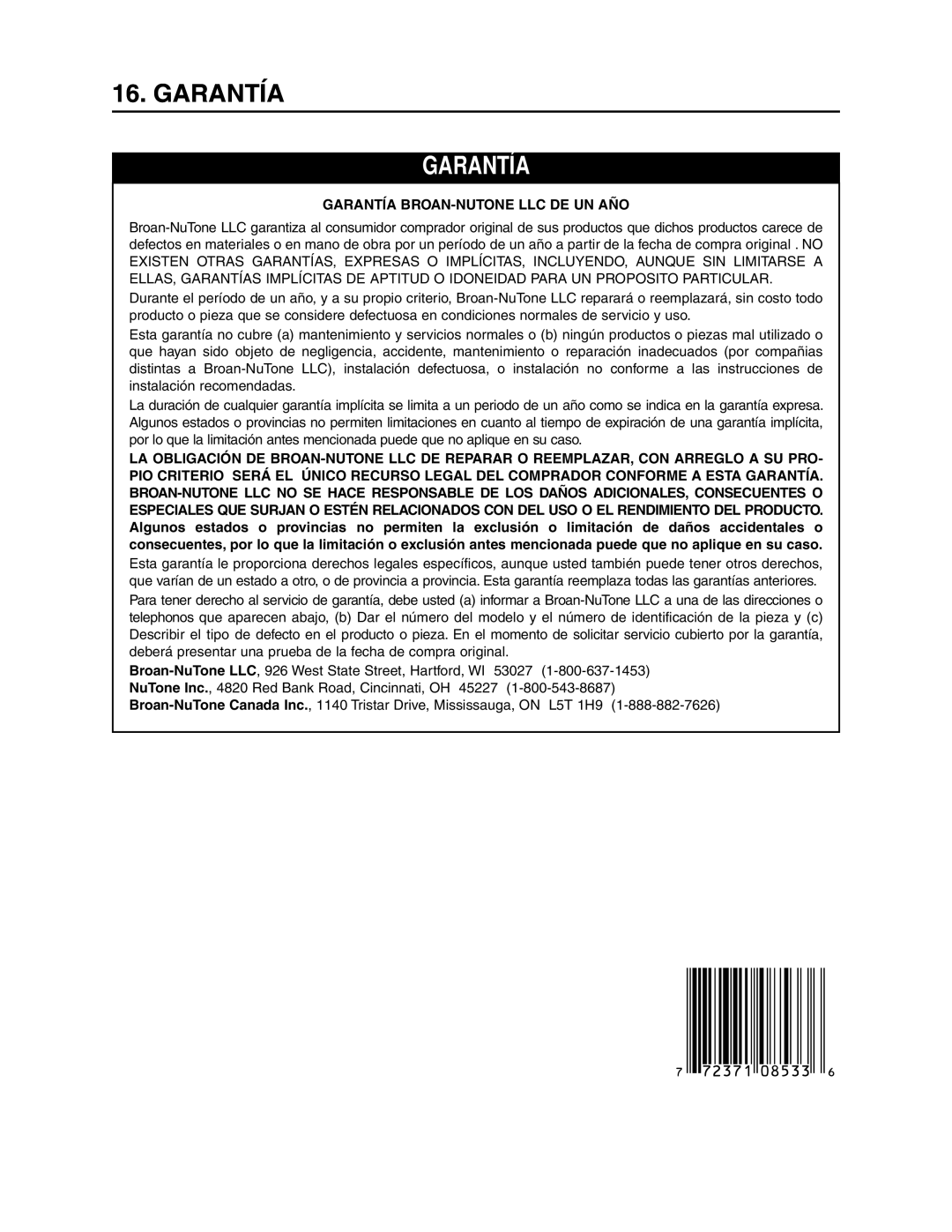 Broan Model E662 installation instructions Garantía 