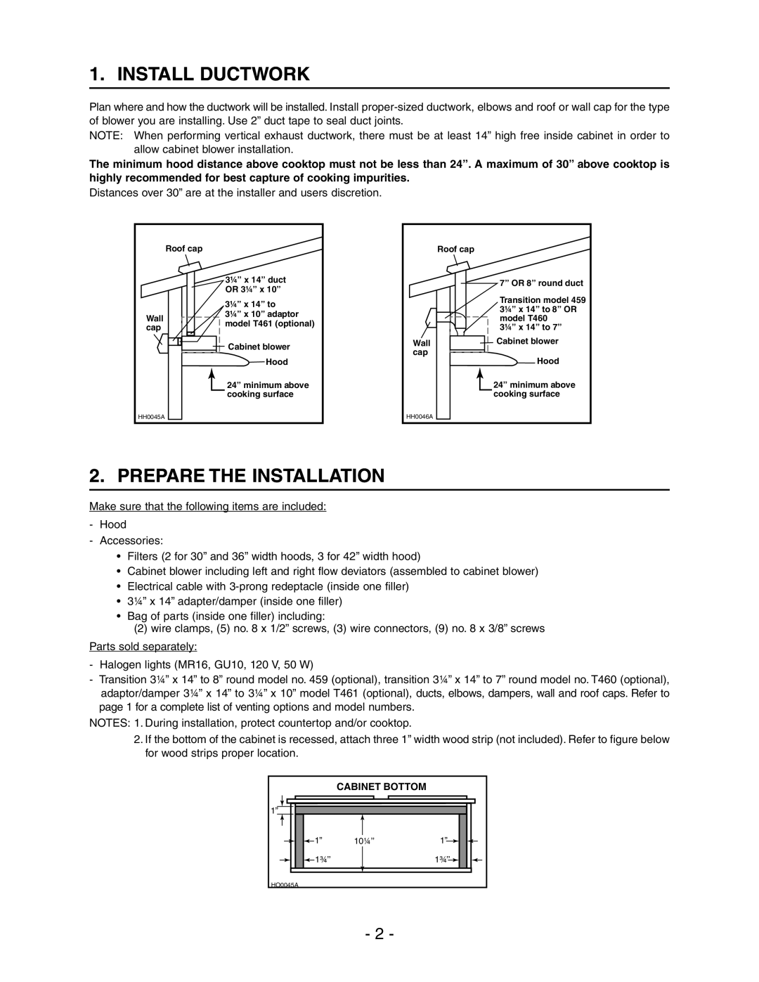 Broan Model E662 Install Ductwork, Prepare the Installation, Distances over 30 are at the installer and users discretion 