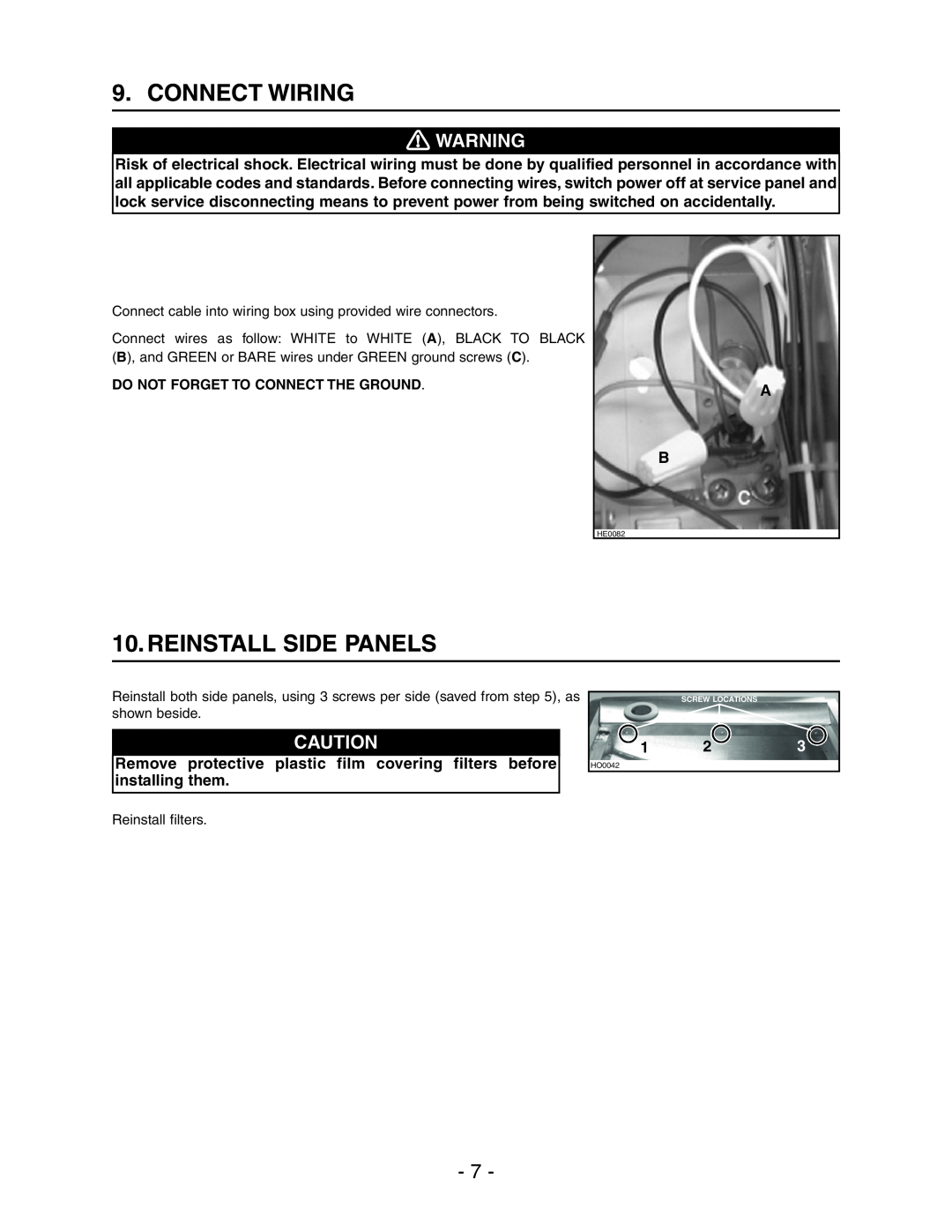 Broan Model E662 installation instructions Connect Wiring, Reinstall Side Panels 
