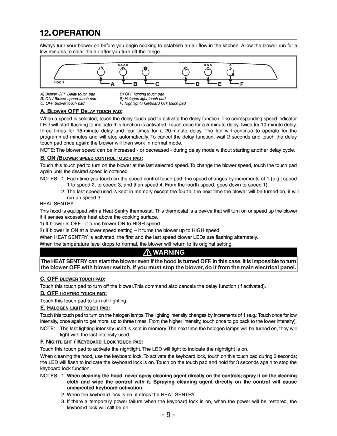 Broan Model E662 installation instructions Operation 