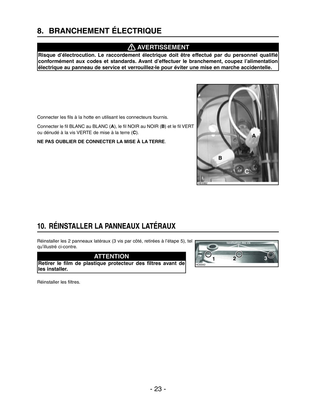 Broan Model E662 installation instructions Branchement Électrique, 10. RÉINSTALLER LA PANNEAUX LATÉRAUX, Avertissement 
