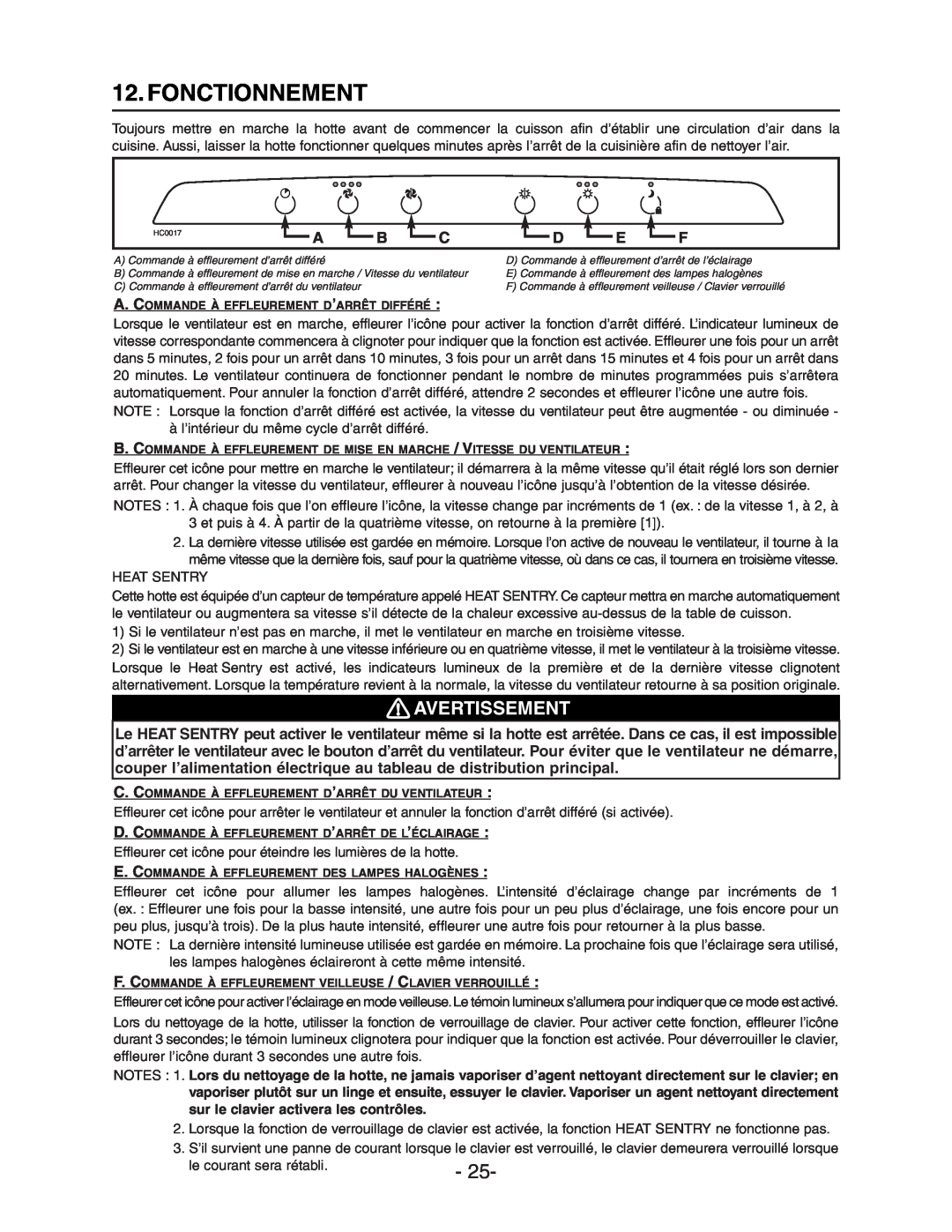 Broan Model E662 installation instructions Fonctionnement, Avertissement 