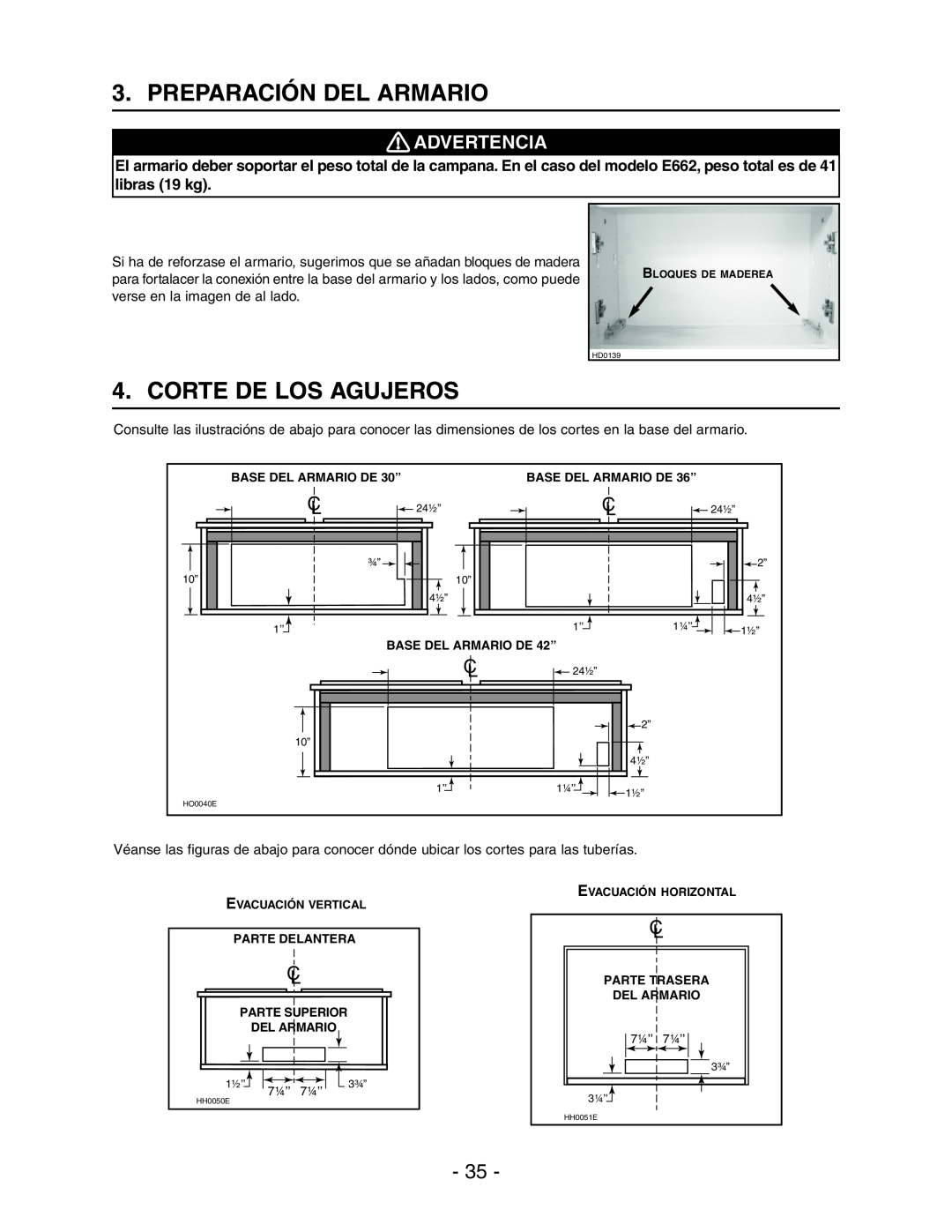 Broan Model E662 installation instructions Preparación Del Armario, Corte De Los Agujeros, Advertencia 