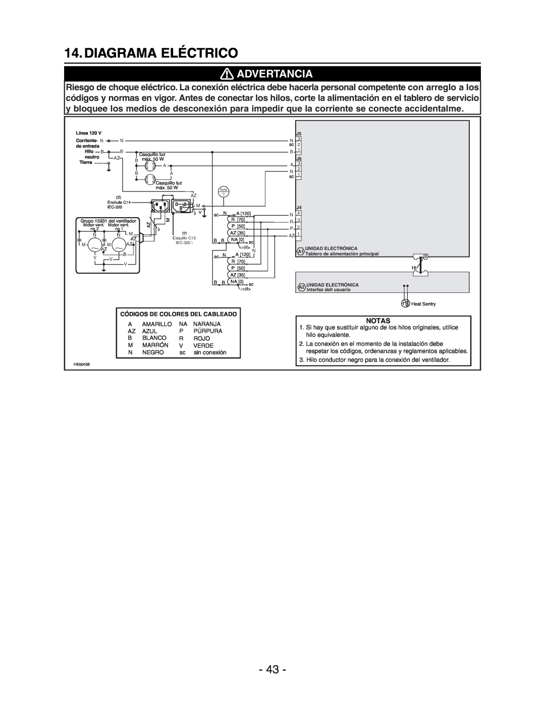 Broan Model E662 installation instructions Diagrama Eléctrico, Advertancia, Notas 