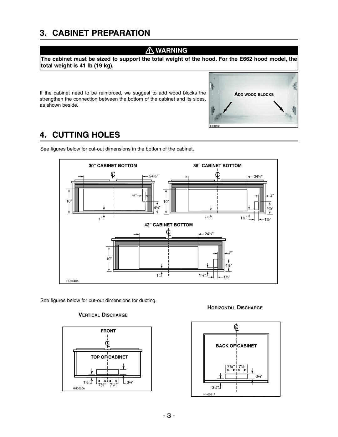 Broan Model E662 installation instructions Cabinet Preparation, Cutting Holes 