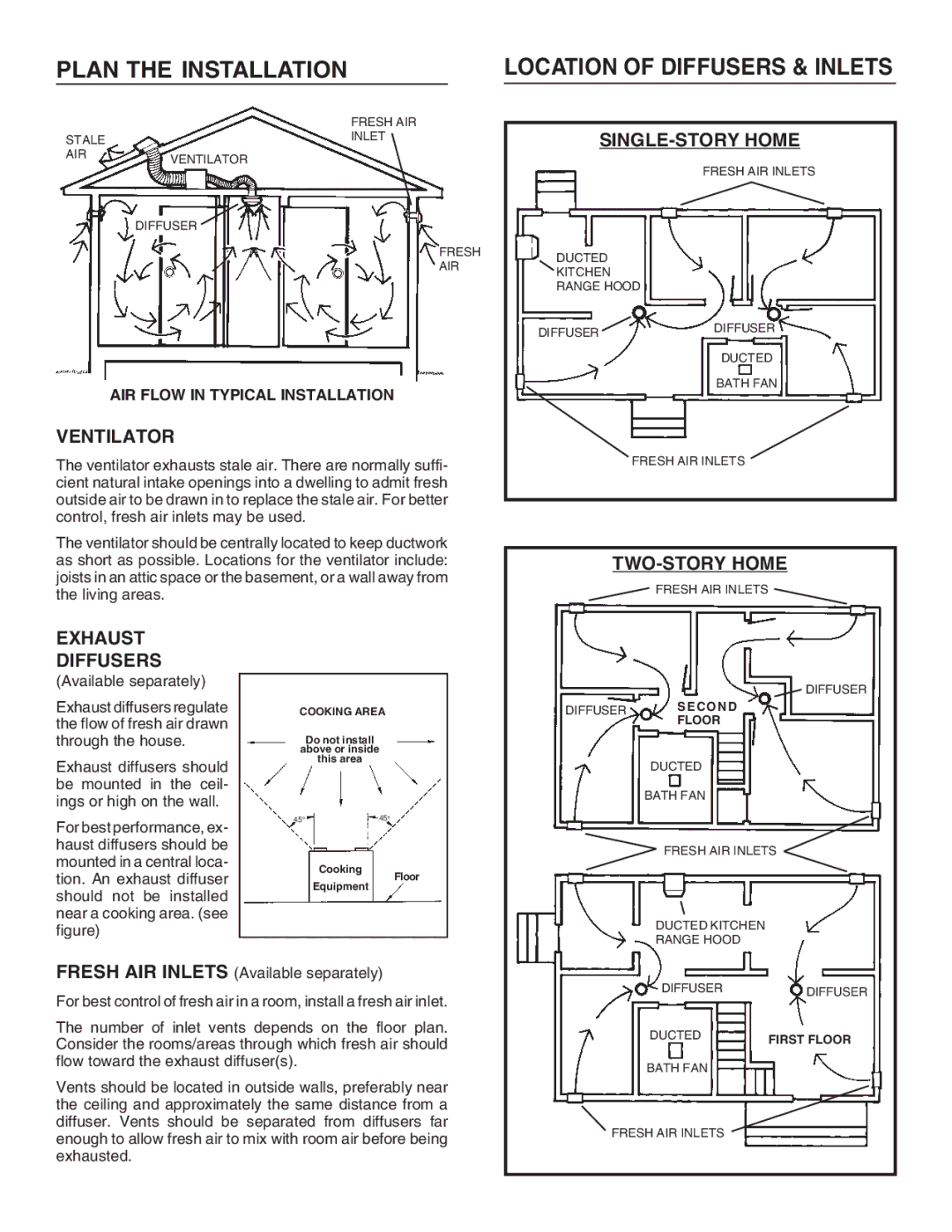 Broan MP100, MP200 Ventilator, SINGLE-STORY Home, TWO-STORY Home, Exhaust Diffusers, AIR Flow in Typical Installation 