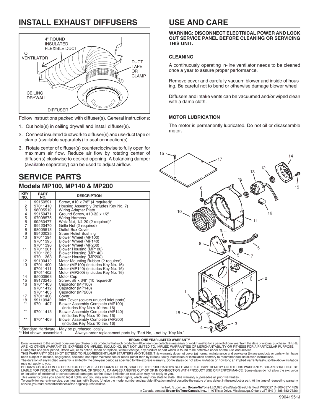 Broan warranty Install Exhaust Diffusers, USE and Care, Service Parts, Models MP100, MP140 & MP200 