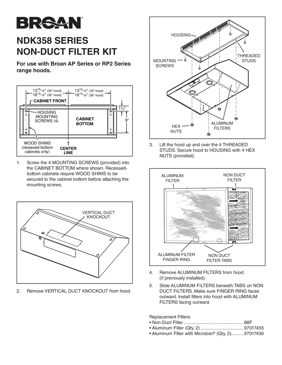 Broan NDK35830SS manual NDK358 Series NON-DUCT Filter KIT, For use with Broan AP Series or RP2 Series range hoods 