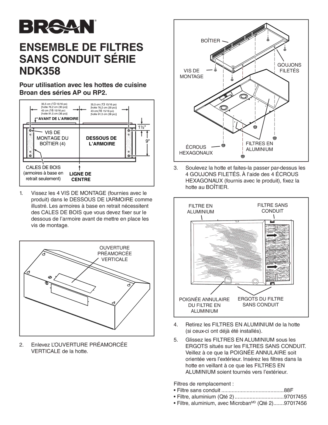 Broan NDK35830SS manual Ensemble DE Filtres Sans Conduit Série NDK358, Dessous DE, ’Armoire, Ligne DE, Centre 