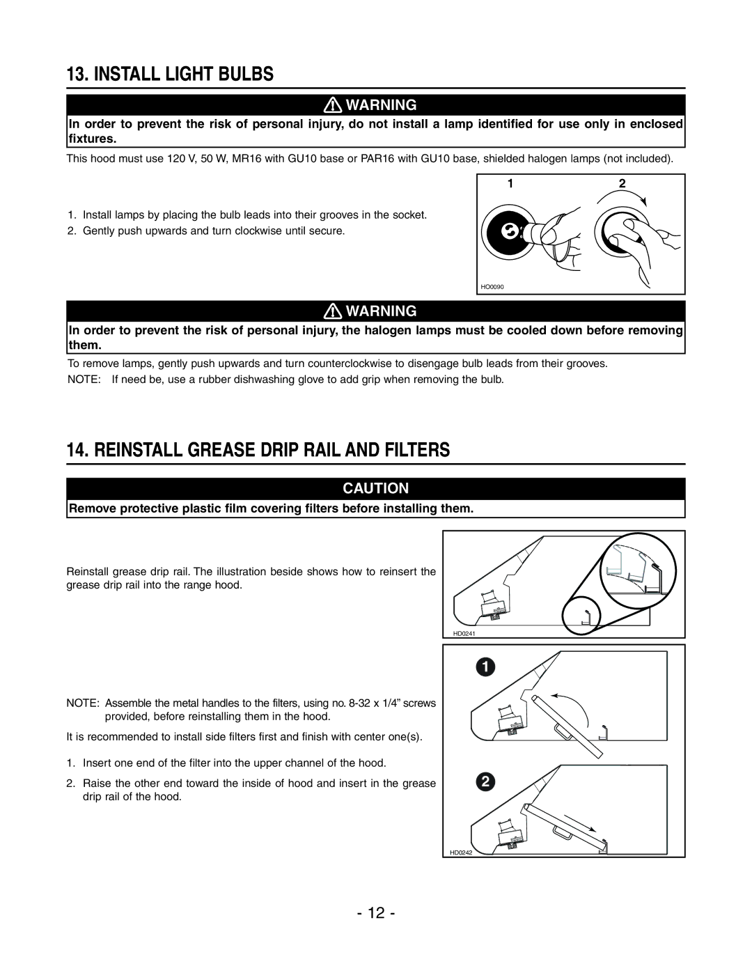 Broan P408ICAT, MH4CFL42E, E4DLSRCB installation instructions Install Light Bulbs, Reinstall Grease Drip Rail and Filters 