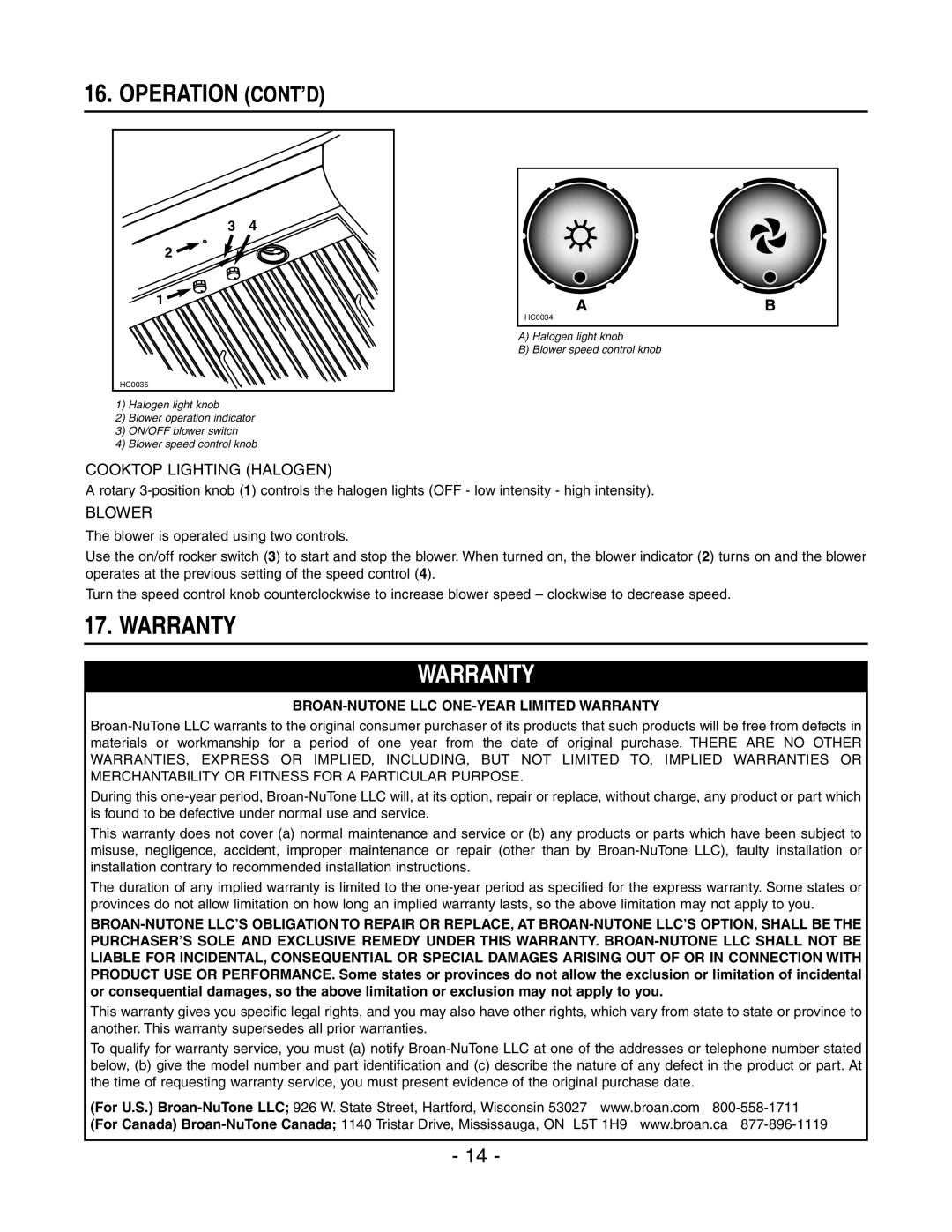 Broan E4DLSRCB, P408ICAT, MH4CFL42E installation instructions Warranty, Operation CONT’D 