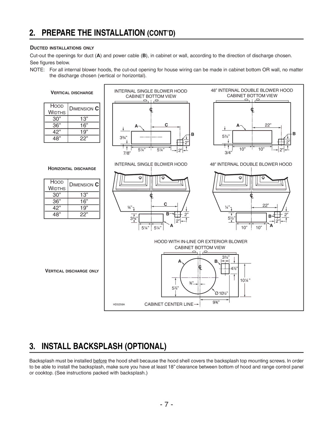 Broan P408ICAT, MH4CFL42E, E4DLSRCB installation instructions Prepare the Installation CONT’D, Install Backsplash Optional 