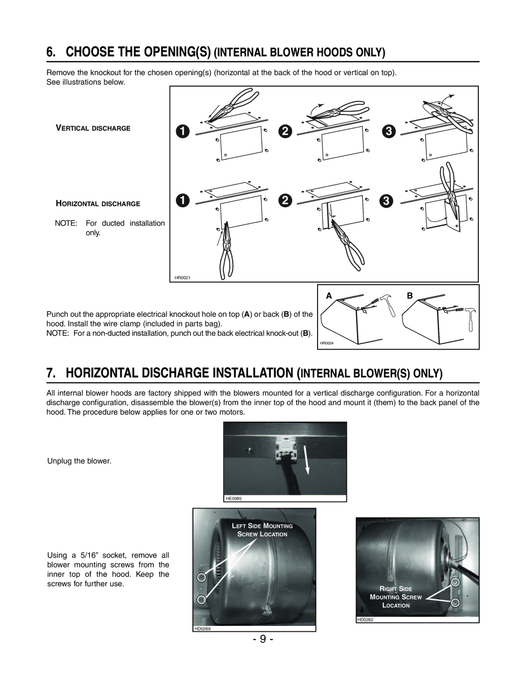 Broan MH4CFL42E Horizontal Discharge Installation Internal Blowers only, Choose the Openings Internal Blower Hoods only 