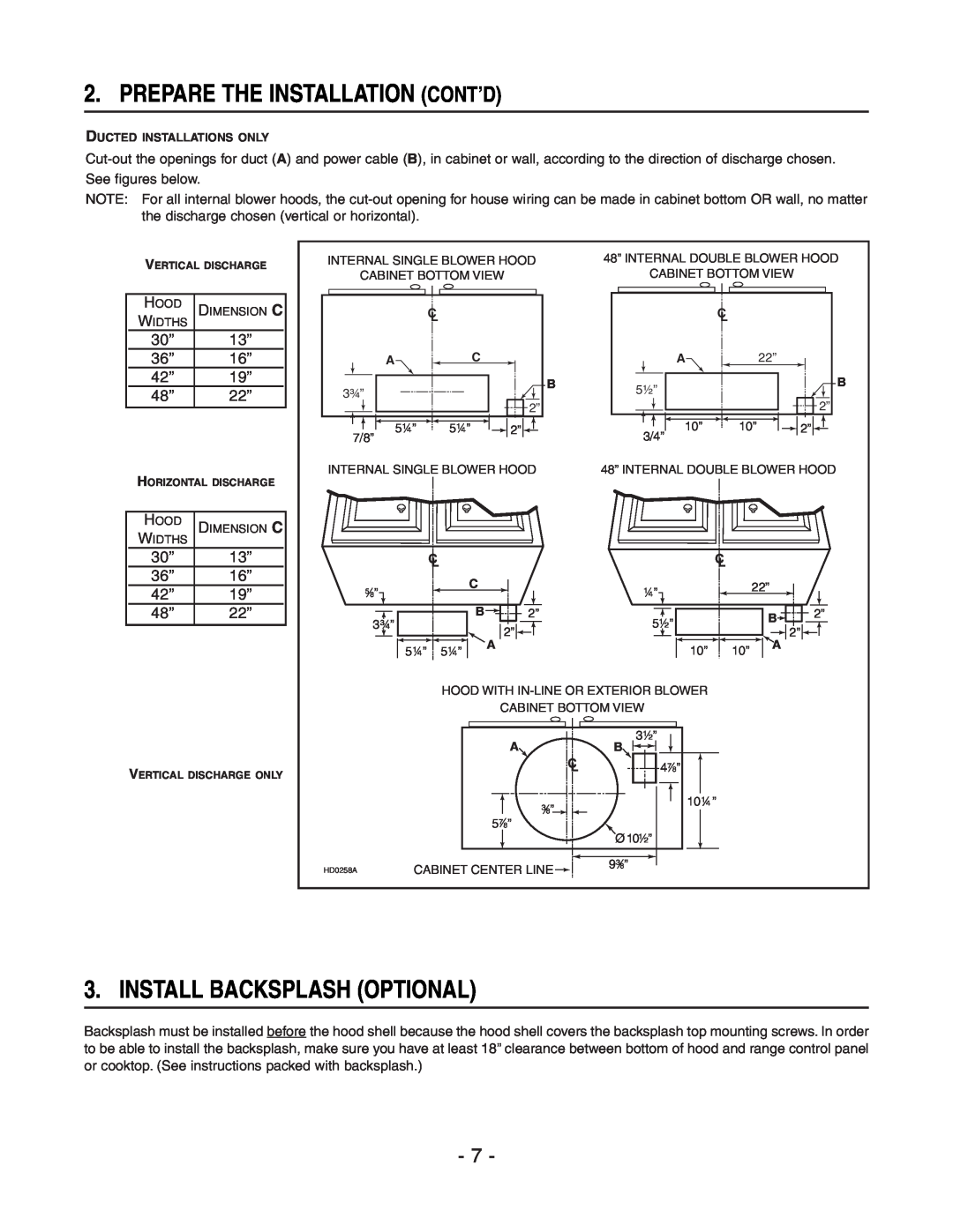 Broan P408ICAT, MH4CFL42E, E4DLSRCB installation instructions Prepare The Installation Cont’D, Install Backsplash Optional 
