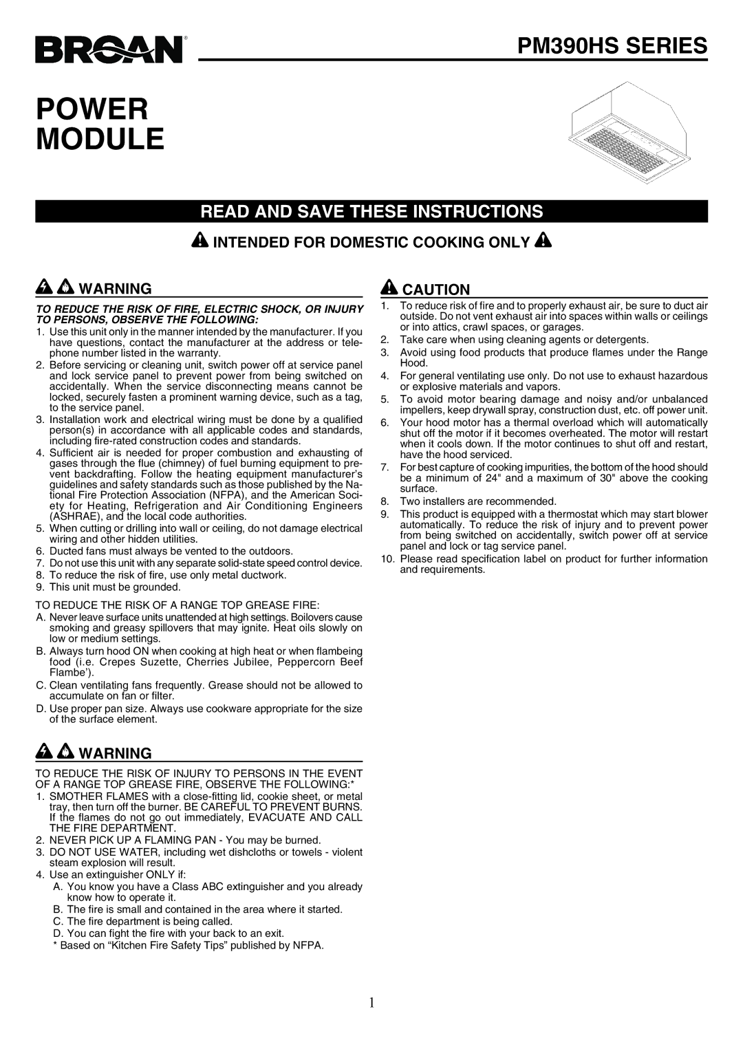 Broan PM390HS warranty Power Module, Read and Save These Instructions, To Reduce the Risk of a Range TOP Grease Fire 