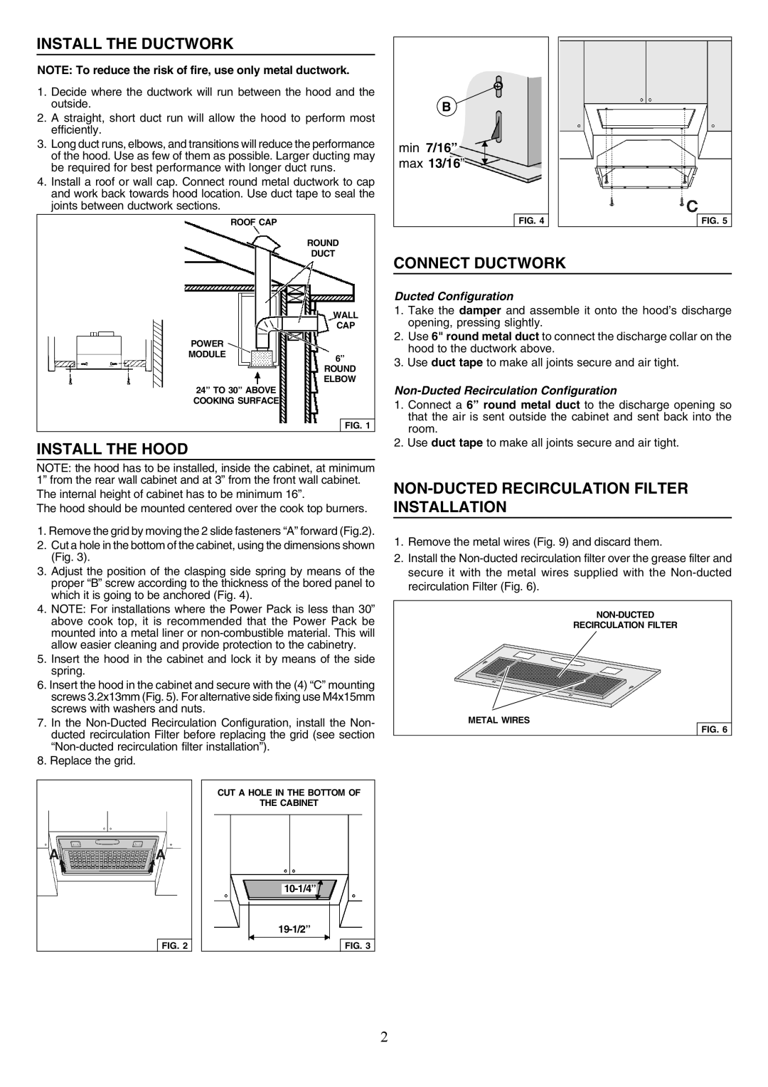 Broan PM390HS Install the Ductwork, Connect Ductwork, Install the Hood, NON-DUCTED Recirculation Filter Installation 