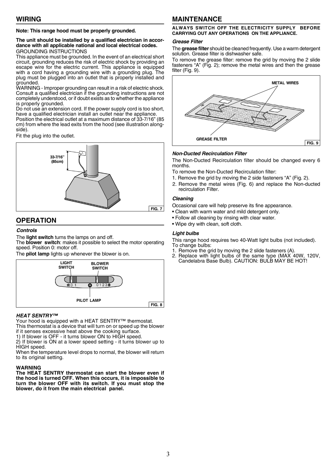 Broan PM390HS warranty Wiring, Operation, Maintenance, Heat Sentry 