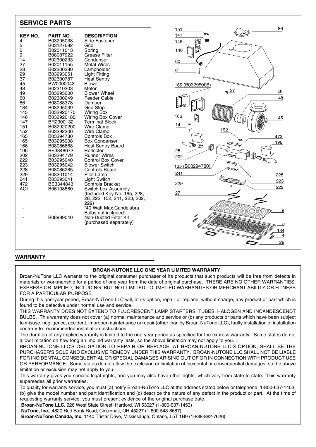 Broan PM390HS warranty Service Parts, Description, Aqi, BROAN-NUTONE LLC ONE Year Limited Warranty 