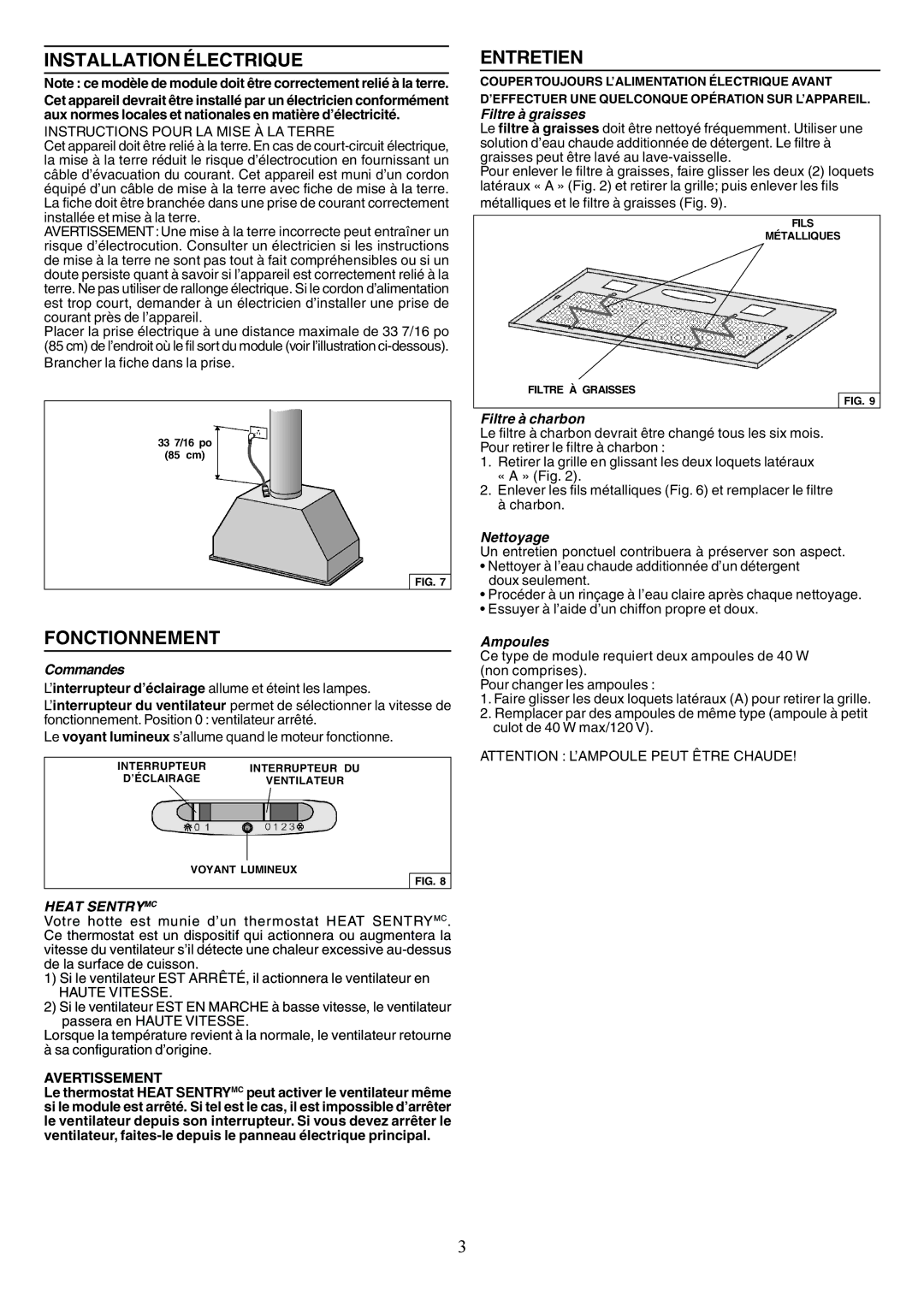 Broan PM390HS warranty Installation Électrique, Fonctionnement, Entretien, Heat Sentrymc 