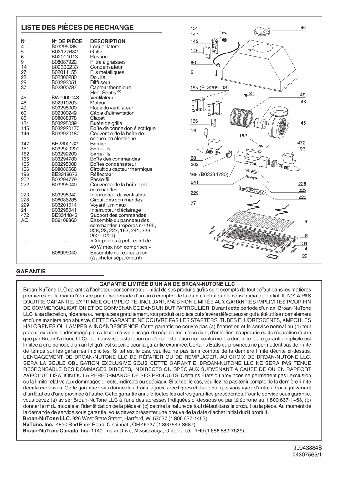 Broan PM390HS warranty Liste DES Pièces DE Rechange, Garantie Limitée D’UN AN DE BROAN-NUTONE LLC 