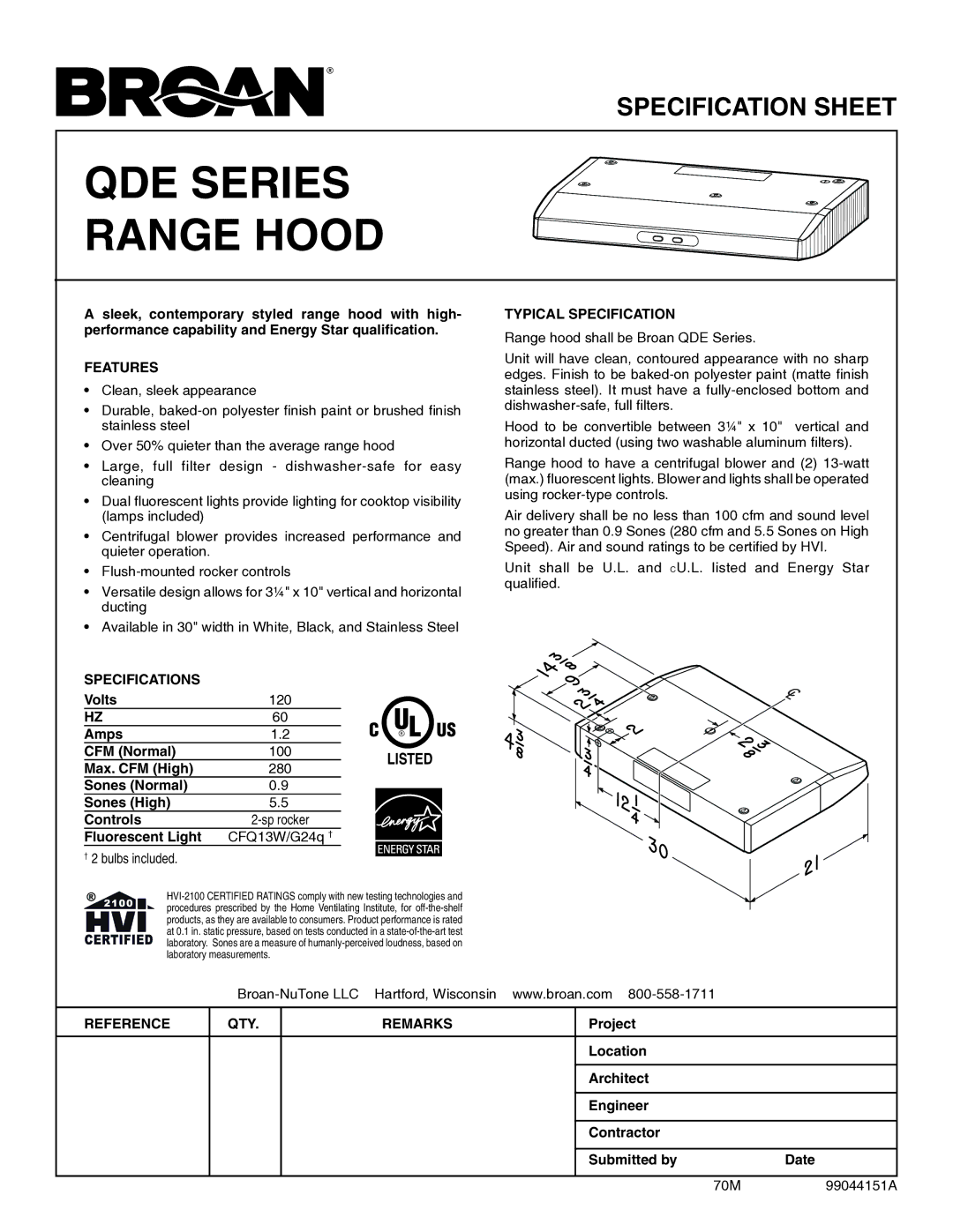 Broan QDE SERIES specifications QDE Series Range Hood, Listed 