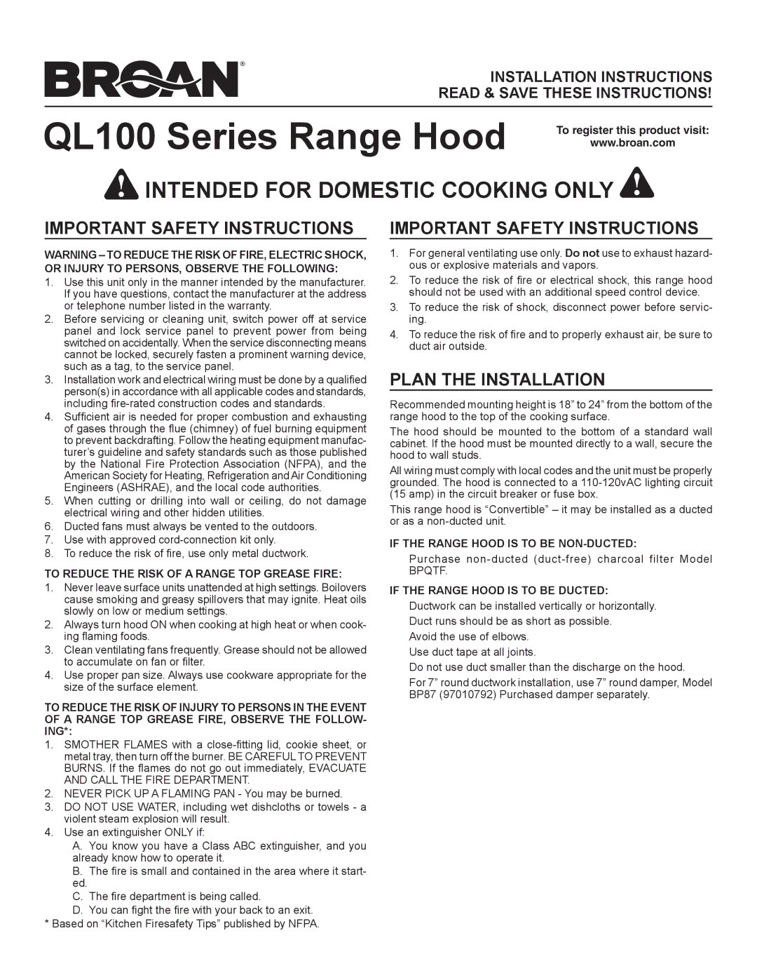 Broan Ql100 Series installation instructions Important Safety Instructions, Plan the Installation 