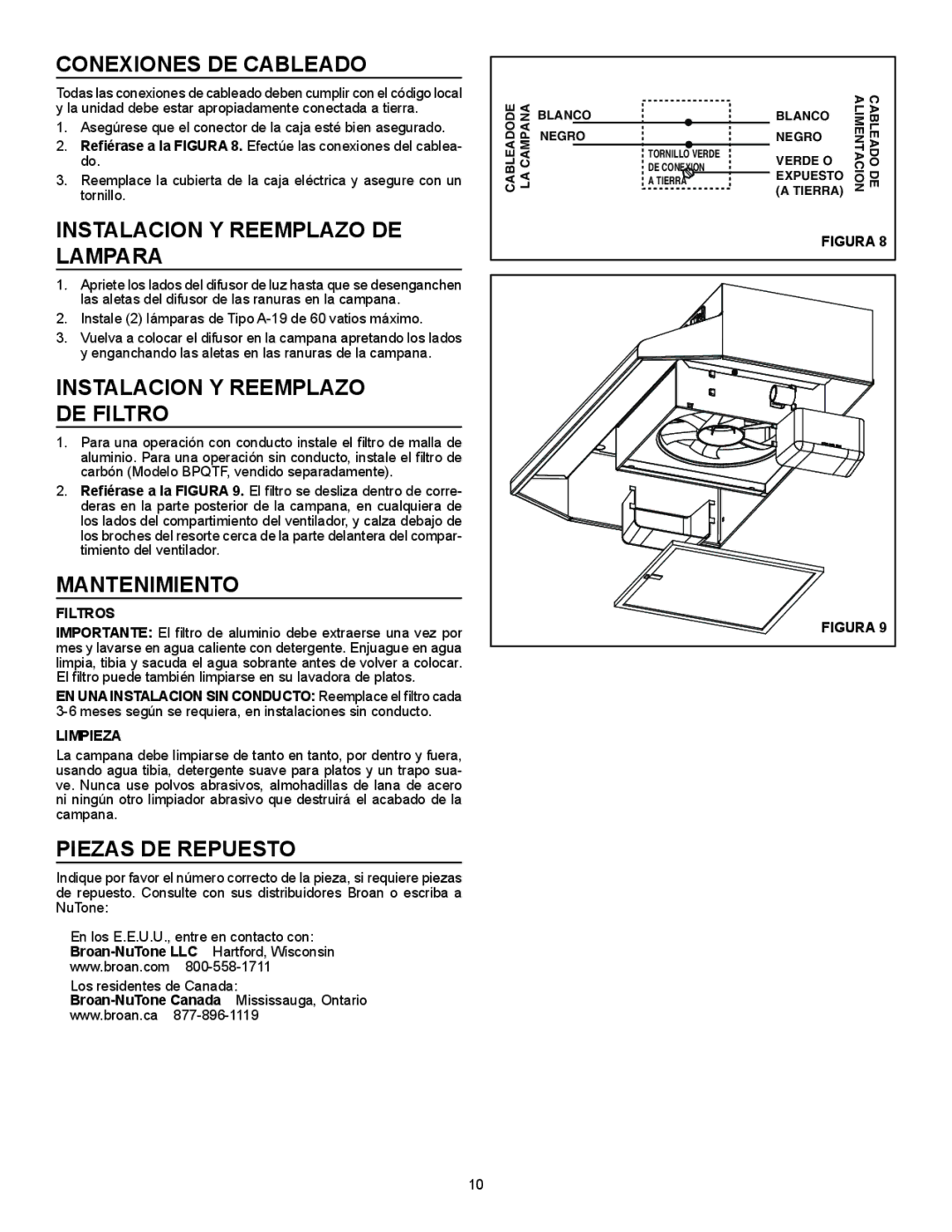 Broan Ql100 Series Conexiones DE Cableado, Instalacion Y Reemplazo DE Lampara, Instalacion Y Reemplazo DE Filtro 