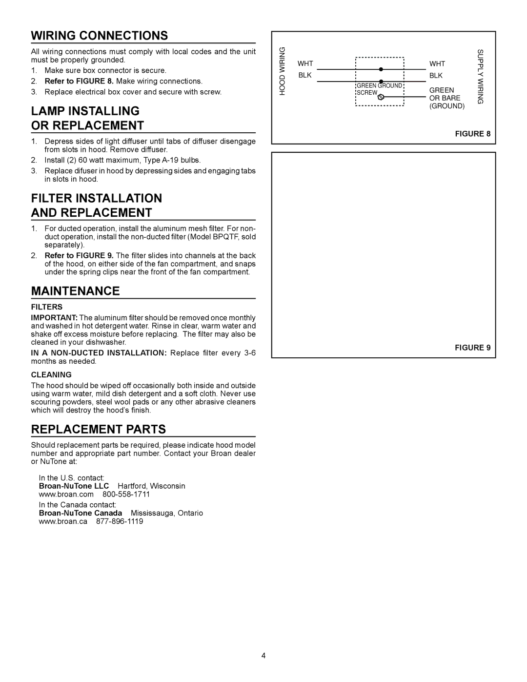 Broan Ql100 Series Wiring connections, Lamp installing or replacement, Filter installation and replacement, Maintenance 