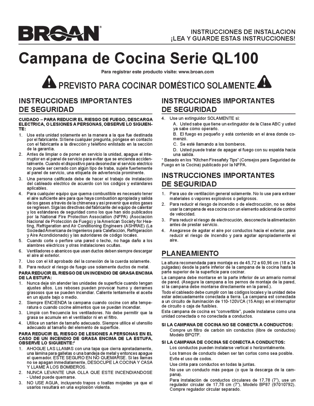 Broan Ql100 Series installation instructions Instrucciones Importantes DE Seguridad, Planeamiento 