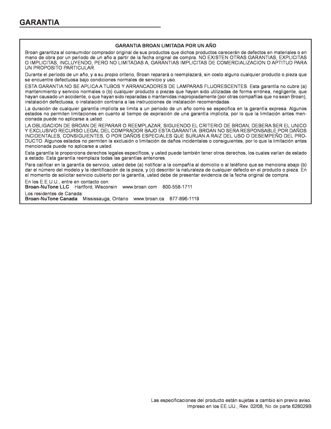 Broan Ql100 Series installation instructions Garantia Broan Limitada Por Un Año 