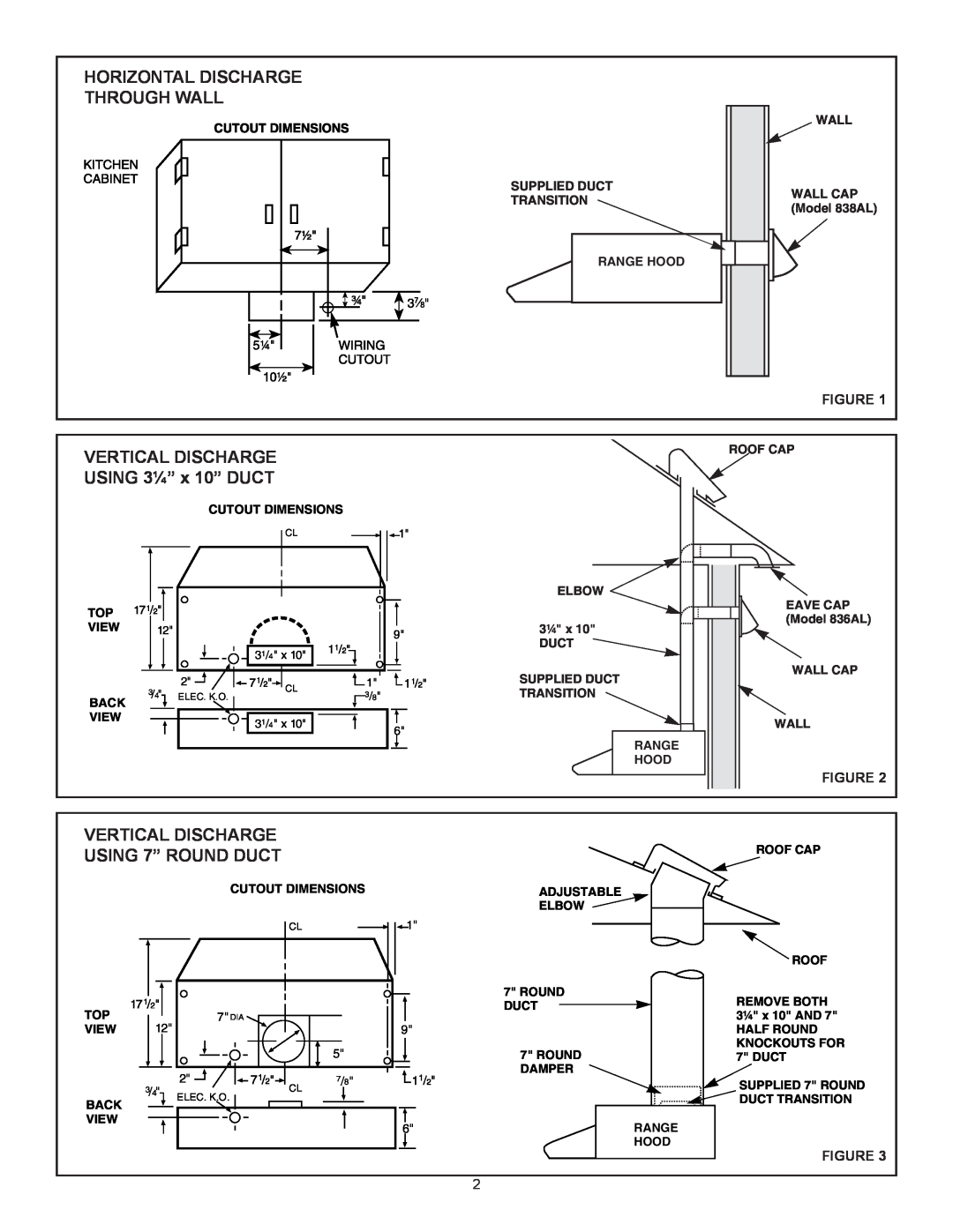 Broan Ql100 Series installation instructions Horizontal Discharge Through Wall, VERTICAL DISCHARGE USING 3¼” x 10” DUCT 