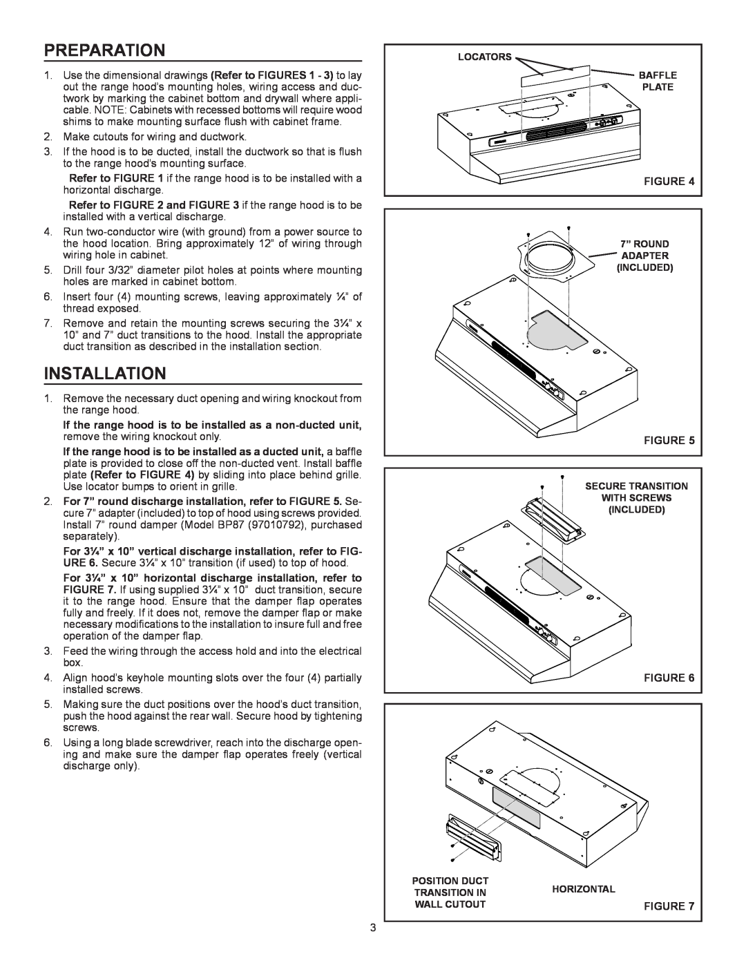 Broan Ql100 Series installation instructions Preparation, Installation 