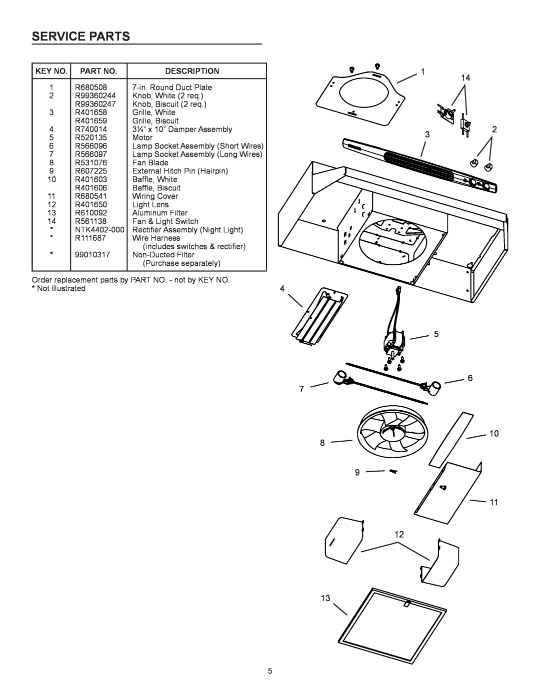 Broan Ql100 Series installation instructions service parts, descriPTION 